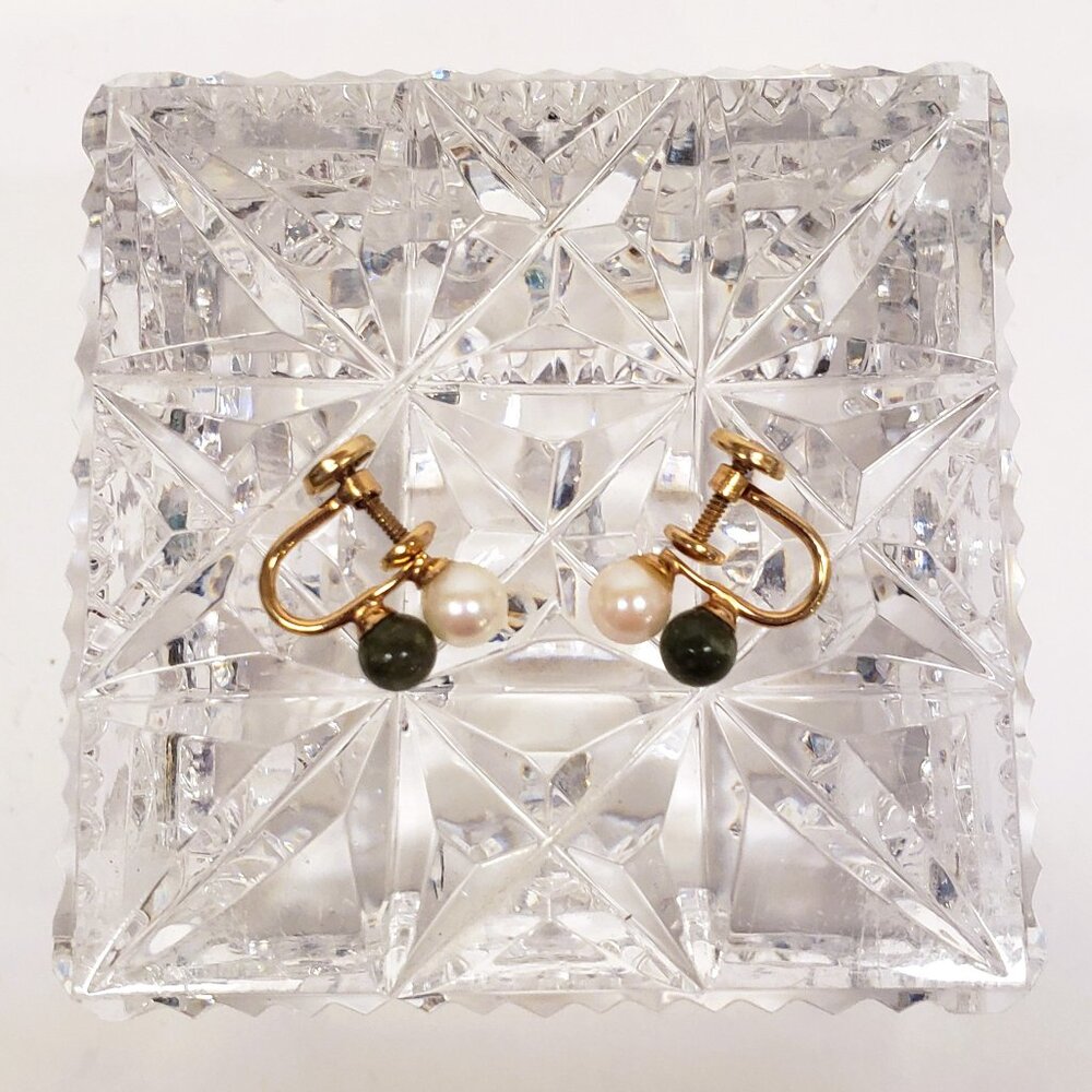 Vtg A & Z 1-20 12K Gold Filled Earrings Clip On Screw Back 5mm Pearl Green Stone